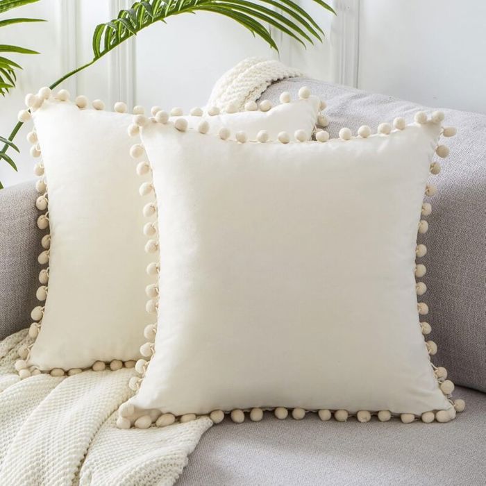 Housse Coussin 40x40 Pompons Décoratif en Velours Doux Taie doreiller Lot de 2 Décoration pour Coussin Canapé Chambre Salon Chaise
