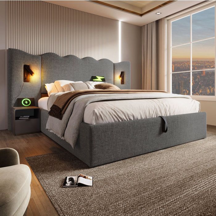 ULEVR Lit double 180x200 gris en lin avec tête de lit rembourrée lampe de lecture USB Type-C et lit coffre
