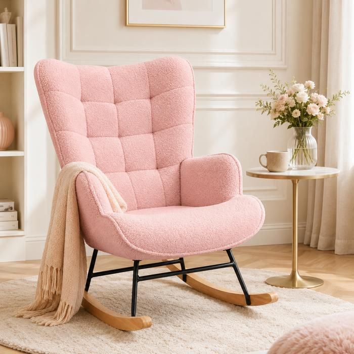 Fauteuil à bascule EZSSW tissu teddy dossier haut capitonné accoudoirs enveloppants fauteuil de lecture Rose