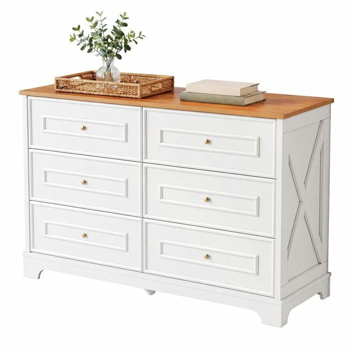 Buffet bas 6 tiroirs – Blanc et naturel – Style campagne rétro – 120 x 40 x 76 cm
