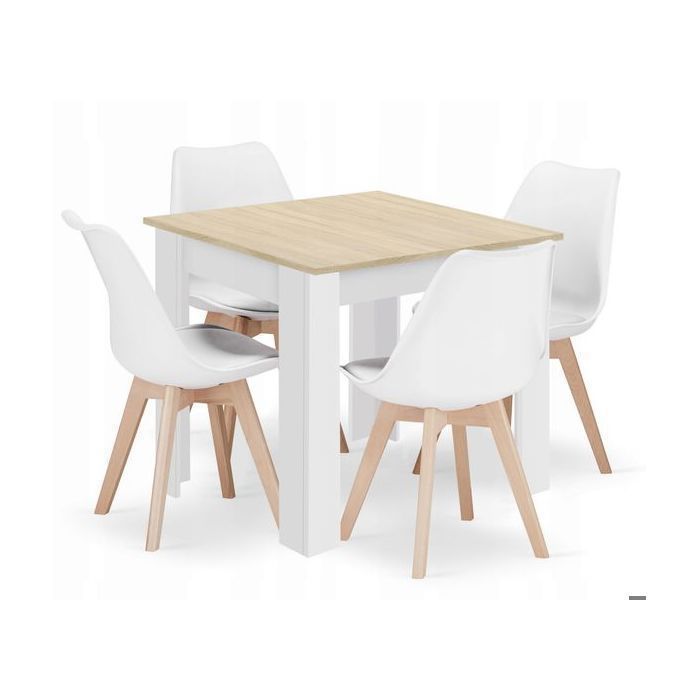 Ensemble table carrée 80x80 cm chêne Sonoma avec 4 chaises MARK blanches pour salle à manger et cuisine