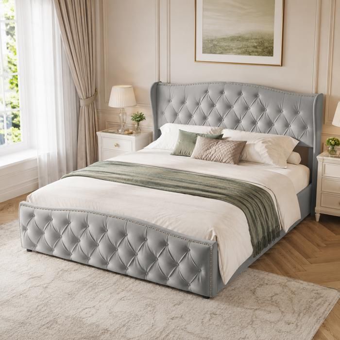 Lit Coffre Hydraulique 160x200 cm Lit Adulte avec Sommier à Lattes Lit Rembourré avec Capitonnage et Rivets Velours Gris