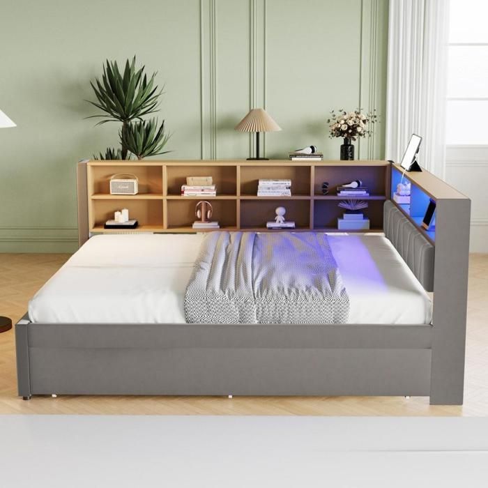 Canapé‑lit - KOMHTOM - Convertible 140x200 - Lit gigogne 90x190 - LED intégrée - Rangements & prises Canapé‑lit - KOMHTOM - Convertible 140x200 - Lit gigogne 90x190 - LED intégrée - Rangements & prises
