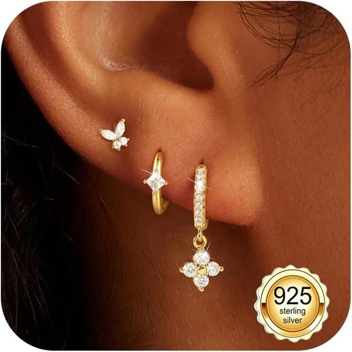 3 Paires Boucles DOreilles Femme Argent 925 Or Pendantes Hypoallergénique 18K Doré Plusieurs Piercing Oreille Tragus Conch [PP66]