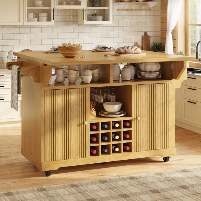 Chariot de service multifonction - Bois naturel - MDF - 142.5x80x95 cm - Poids 50 kg - Extensions rabattables