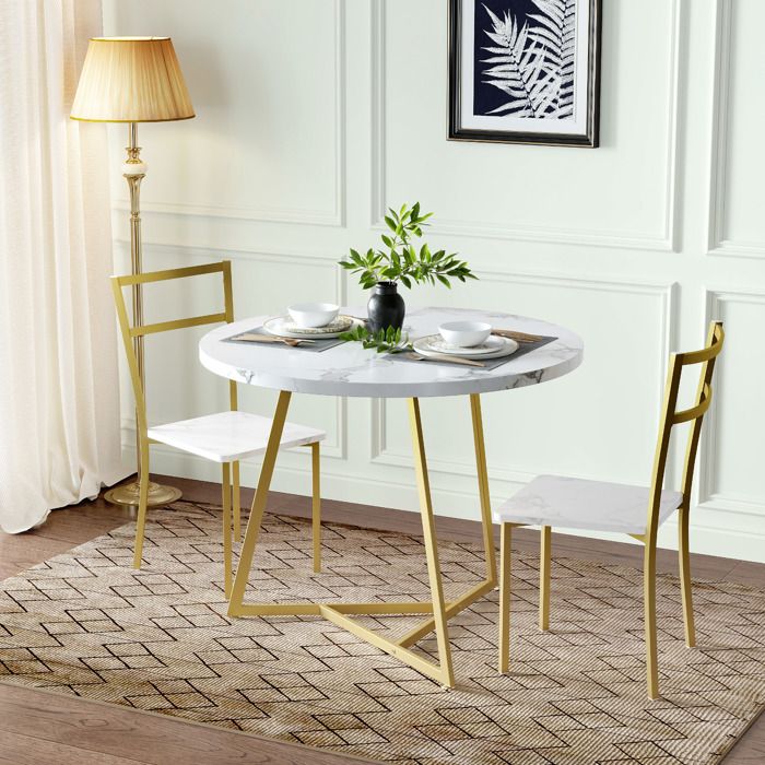 Table Ronde avec 2 Chaises – 2 Sets Anti-Chaleur Inclus – Petit Ensemble de Cuisine -80 x80x75cm– Marbre doré blanc