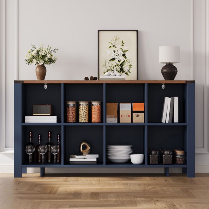 Buffet bas 140x34x75 cm avec 8 compartiments de rangement étagères ouvertes meuble cuisine salon salle à manger MDF bleu