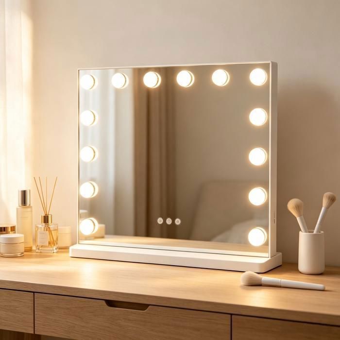 Miroir de Maquillage Hollywood - 50x40cm - 14 LED Lumière - 3 Modes Réglable - Loupe 10x - Commande Tactile