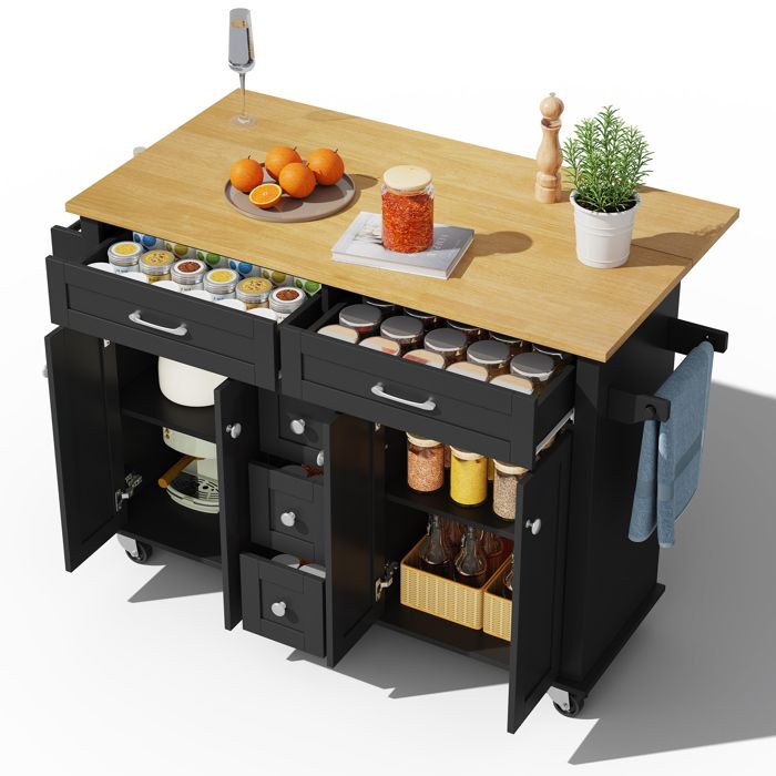Desserte îlot mobile - FURNITURER - 120x65x89 cm - Plan pliable - 5 tiroirs - Roulettes verrouillables Desserte îlot mobile - FURNITURER - 120x65x89 cm - Plan pliable - 5 tiroirs - Roulettes verrouillables
