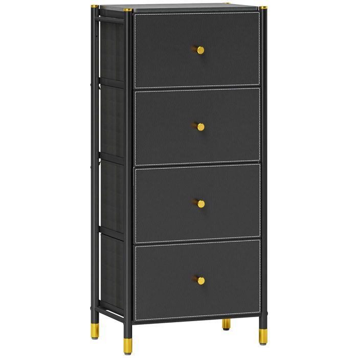 Commode en Tissu avec 4 Tiroirs Pliables Façade Simili Cuir Cadre en Acier Chiffonnier pour Chambre Salon 46x30x98 cm Noir