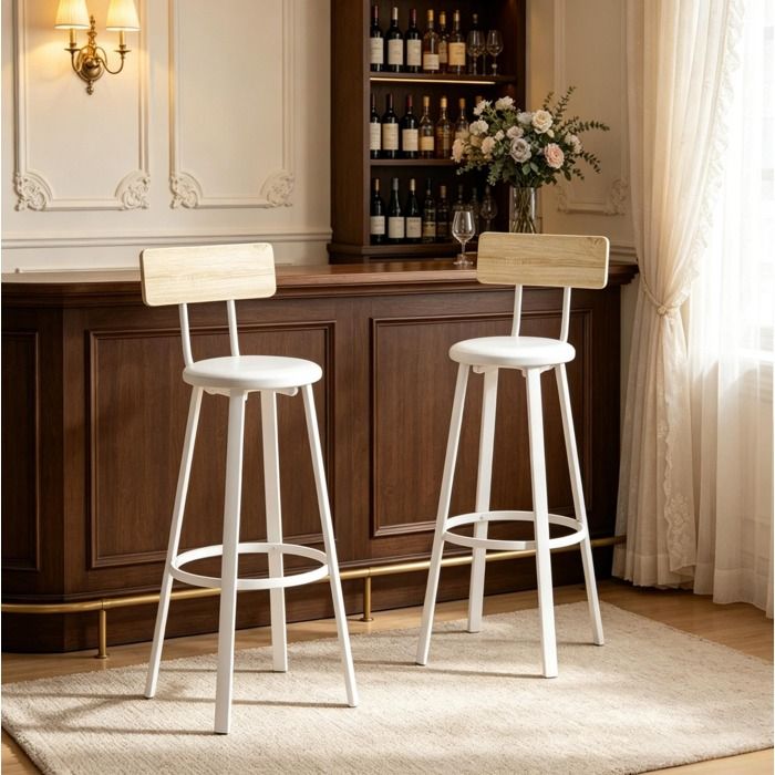 WOVREO Lot de 2 tabourets de bar 75 5 cm avec dossier bas repose-pieds métal blanc et effet chêne