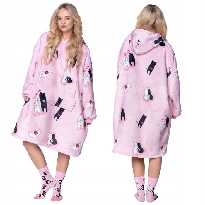 Couverture Plaid Sweat oversize motif chats sherpa polaire capuche poche XXL chaussettes