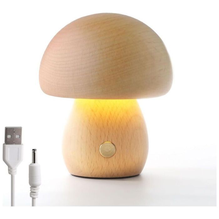 Lampe champignon en bois hêtre chevet portable intensité variable rechargeable USB veilleuse sans fil