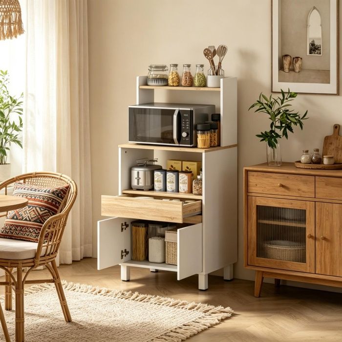 Pour cuisine et coin café meuble micro-ondes compact avec étagères ouvertes et porte en panneaux de particules