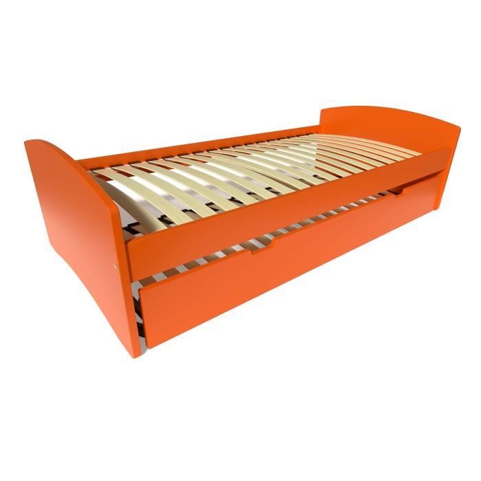 lit gigogne happy pin massif - abc meubles - 90x190 cm - orange - 2 places