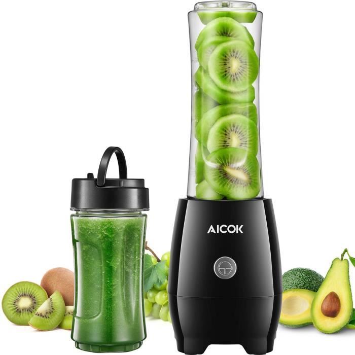 Mixeur à Smoothie Aicok - Mini Blender avec 2 Bouteilles Portables - 4 Lames en Acier Inoxydable - Aicok