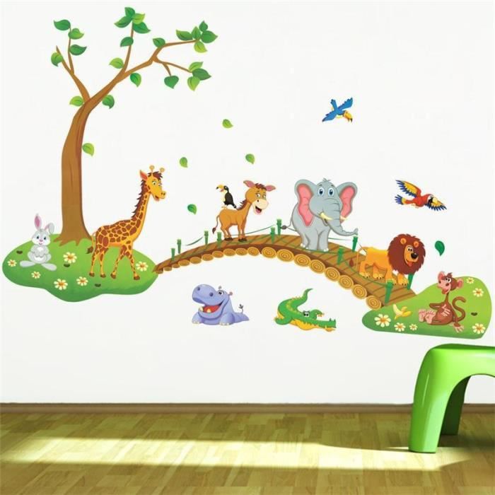 Le Plus Recent Mignon Animaux De Dessin Anime Pont Arbre Stickers Muraux Bebe Decor De La Chambre De Chambre D Enfant Autocollant Cdiscount Maison