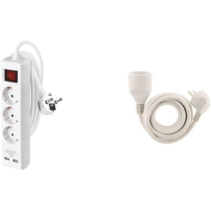 Multiprise avec USB, 3 Prises et 2 connecteurs 2,1 A, câble d'extension