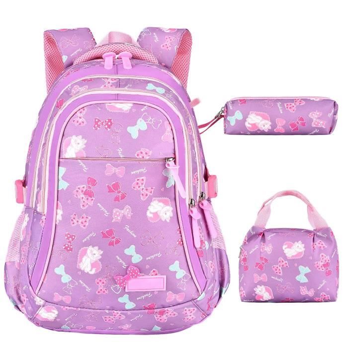 Cartable Fille Primaire CP Enfant Violet Sac a Dos Ecole Scolaire CE2 Elementaire Ensemble de 3 Pieces avec Sacs a Bandouliere