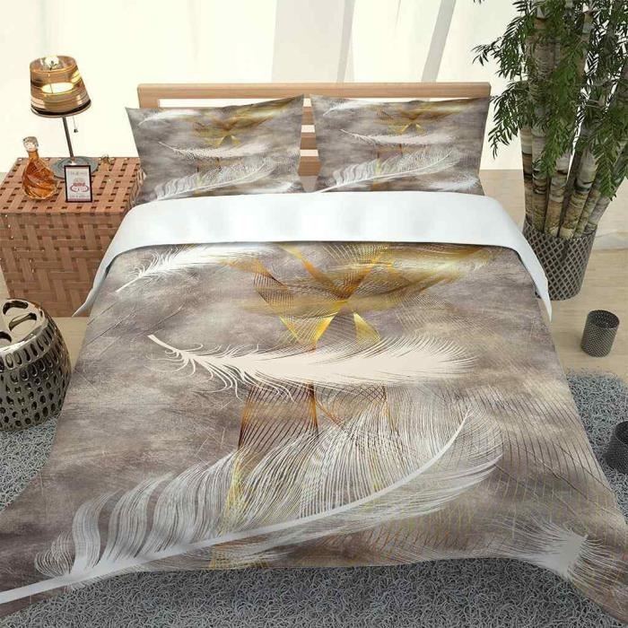 Housse De Couette Plumes Blanches Fermeture éclair cachée et 2 Taie d