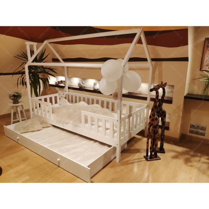 Lit Cabane Maison Pour Enfants Avec Barrieres Et Tiroir Couleur Blanc 0x1cm En Bois Cdiscount Maison