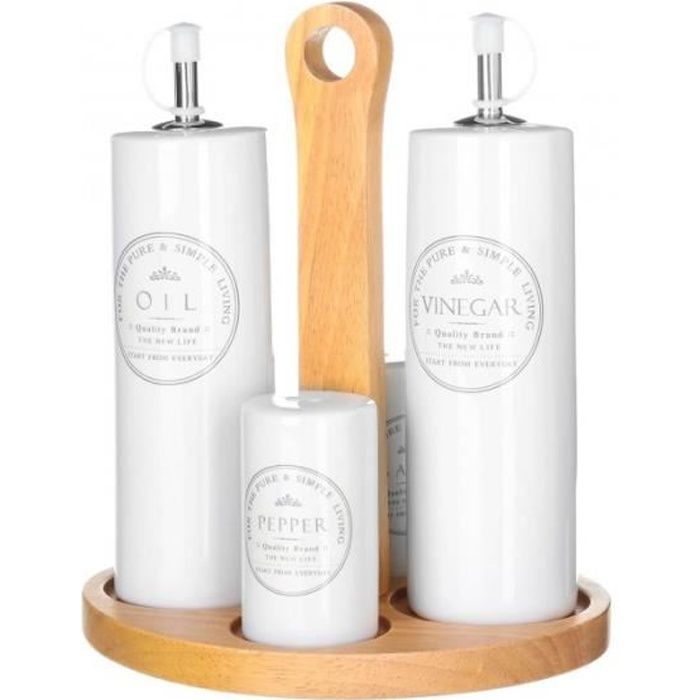 Set Huile Vinaigre Sel Poivre - 4 Bouteilles Verre + Support - Distributeur Pratique - Design Carré