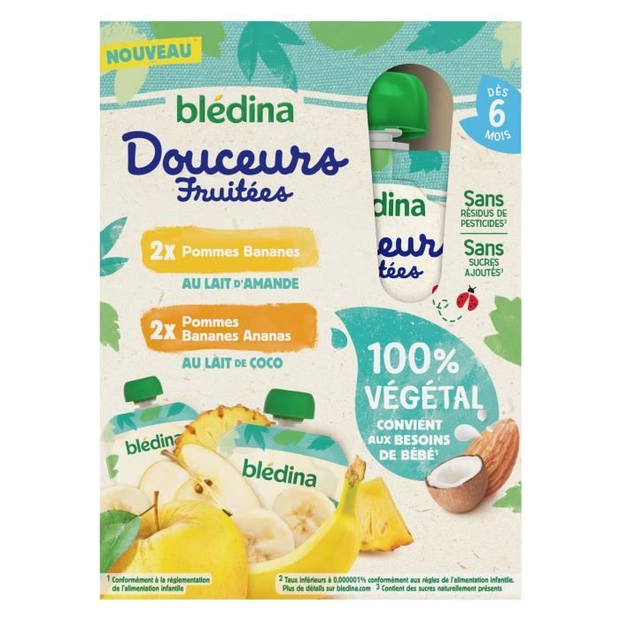 Bledina Gourdes Fruitees 100 Vegetal 2 Pommes Bananes Au Lait D Amandes Et 2 Pommes Bananes Ananas Au Lait De Coco 4x90 G Achat Vente Compote Dessert Fruite Bledina