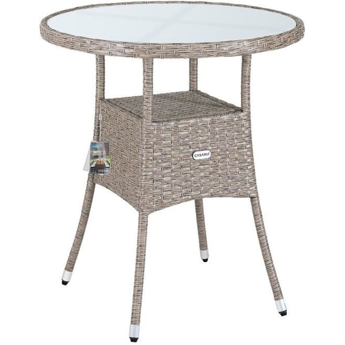 Table de jardin en polyrotin surface ronde Ø 60cm beige plateau de table verre jardin table d'appoint extérieur