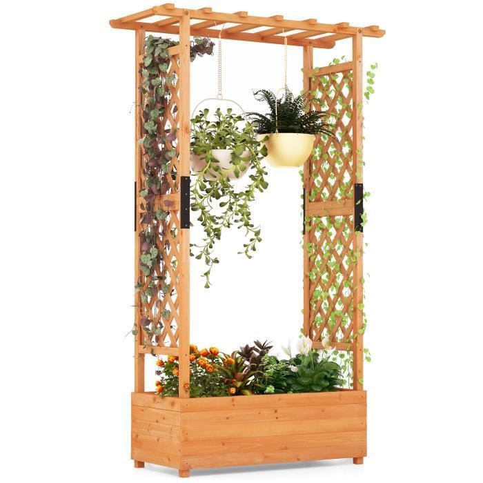 COSTWAY Jardinière Avec 2 Treillis Latéraux Toit Suspendu En Bois De Sapin Avec Trou De Drainage Lit De Jardin Pour Plante Grimpante Resistance Aux Intemperies Brun 110 X 44 X 1135 Cm 86328821