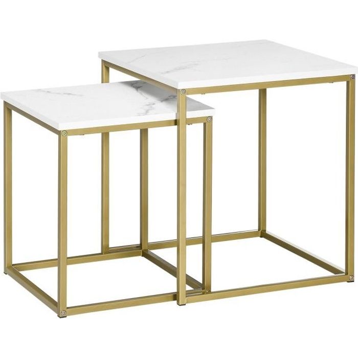 lot de 2 tables basses gigognes carrées style art déco - acier doré panneaux aspect marbre blanc 45x45x50cm blanc