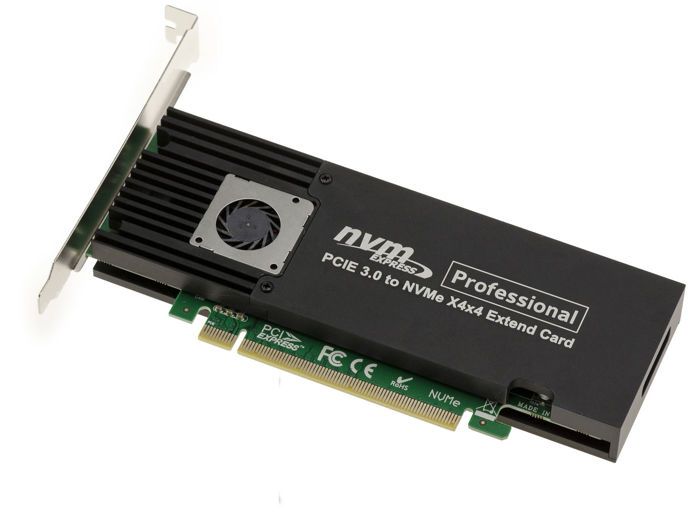 Carte M2 PCIe 3.0 x16 pour 4 SSD M.2 NVMe M Key. High et Low Profile. Chipset ASM2824.
