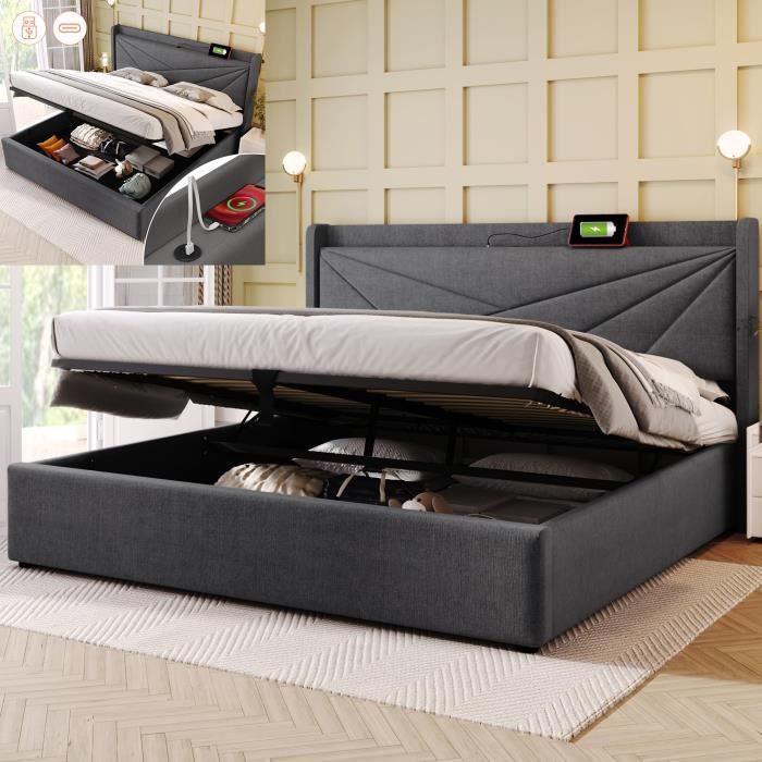 lit coffre 160x200 cm avec chargement usb type c - lazyspace - gris - a lattes - scandinave - moderne