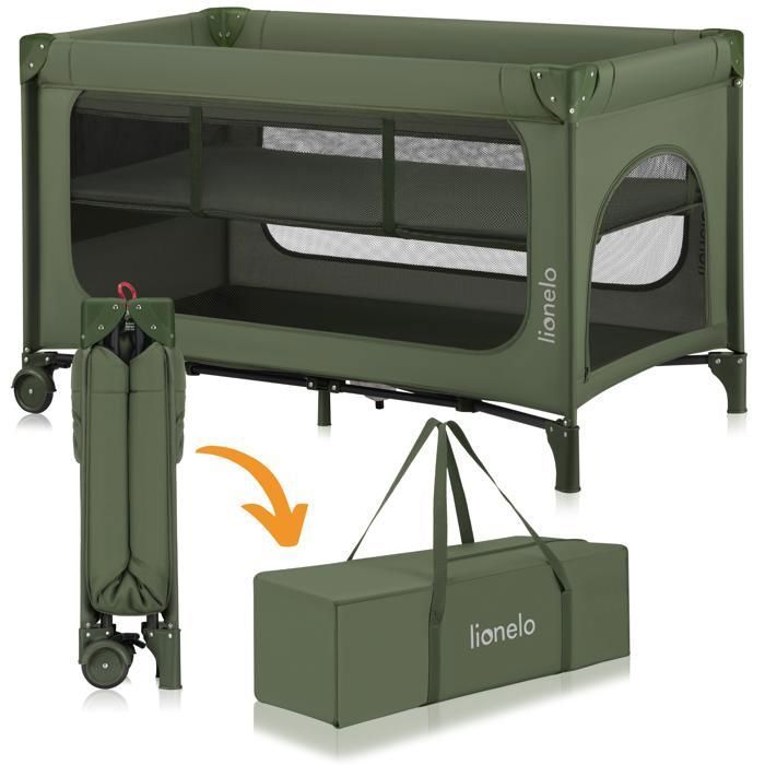 Lit parapluie 2en1 LIONELO Jasmin - Parc bébé - Matelas en mousse T25 - Pliage Rapide - 2x Roulettes - Jusquà 15 kg - Vert