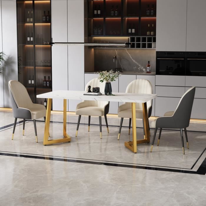misnode  table à manger de salon moderne, cadre en métal, table de cuisine moderne en marbre, or / blanc, 117x68cm