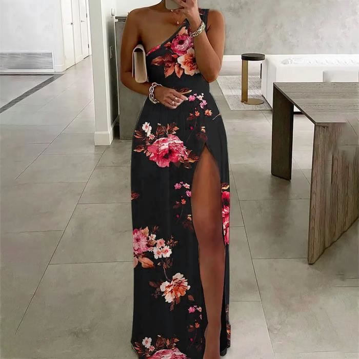 Mesdames taille haute sexy imprim fente robe une paule robe