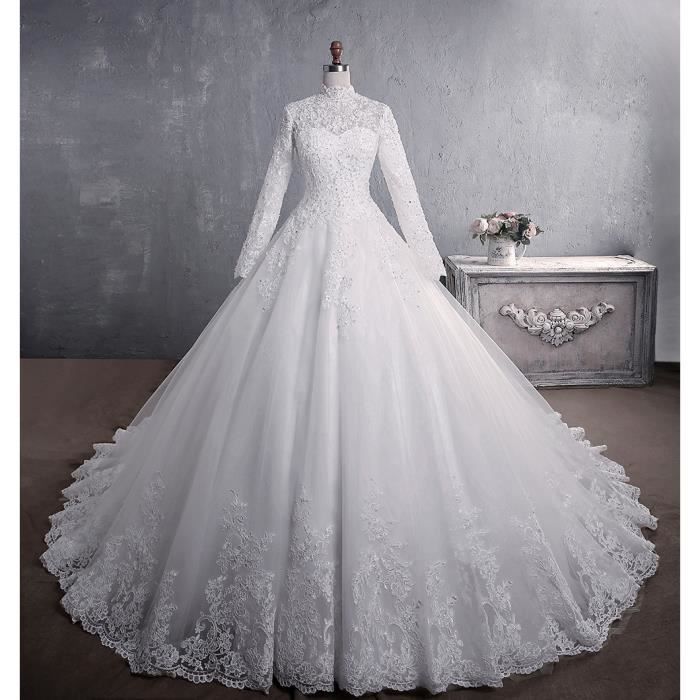 Robe de mariee en dentelle a col montant a manches longues a queue trainante grande taille Robes de mariee musulmanes sur Blanc Cdiscount Pret a Porter