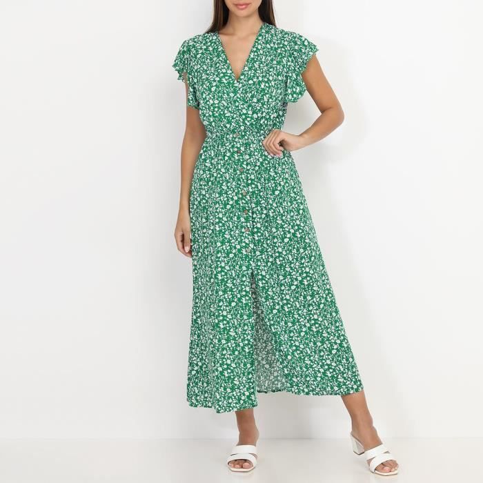 Robe longue fendue verte a fleurs et volants Vert Cdiscount Pret a Porter