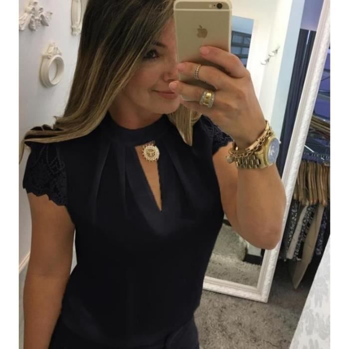 Chemisier Noir En Soie Femme - Taille 44 - Manches Courtes Avec épaulettes Boutonnées - Occasion Très Bon état