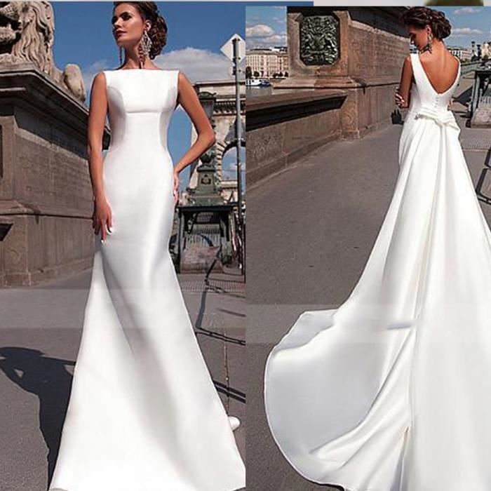 Robe De Mariee Sirene En Satin Sexy Avec Traine Detachable Dos Nu Blanche Pour Femmes Robes blanc Blanc Cdiscount Pret a Porter