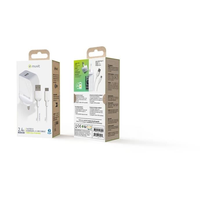MUVIT FOR CHANGE Pack Chargeur Secteur 12W + Câble USB C - 1.2 m - Blanc - UK