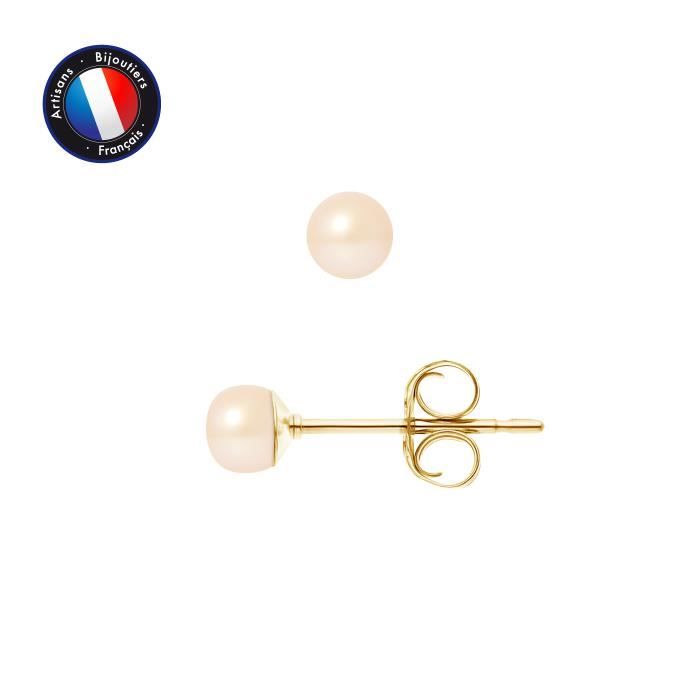 perlinea - boucles d'oreilles - véritables perles de culture d'eau douce boutons 4-5 mm rose naturel - or jaune - bijoux femme