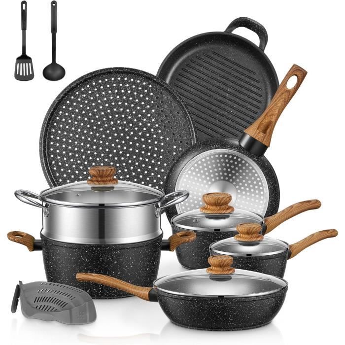 FOHERE Set Poele et Casserole Induction 15 Pièces, Alm Batterie de Cuisine à Induction avec