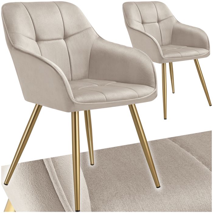 Chaises - TECTAKE - Lot de 2 fauteuils de salle à manger MARYLIN aspect velours avec pieds en acier doré - Taupe/Or