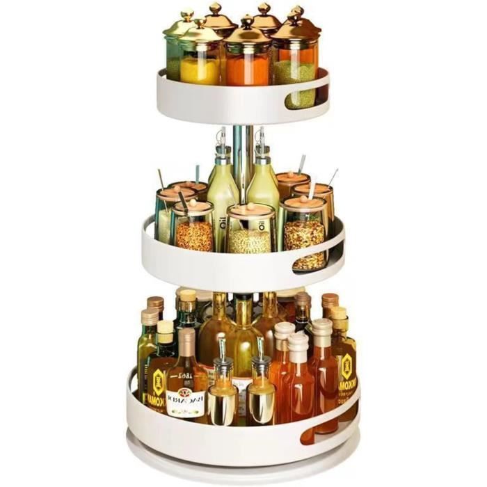 Étagère à épices rotative avec deux niveaux, étagère à épices pratique pour cuisine ou comptoir, multifonction en plastique pivotant, blanc