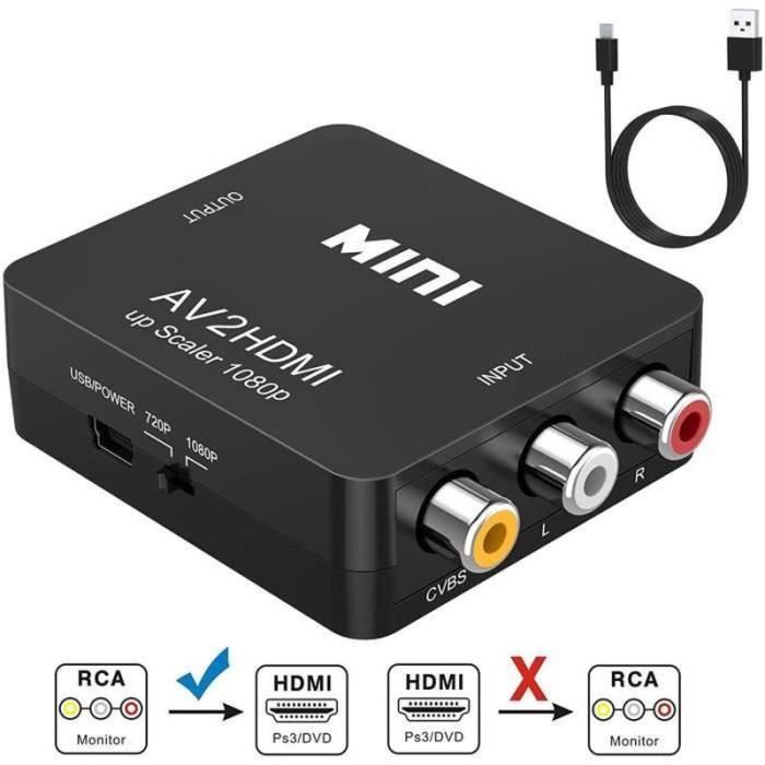 Convertisseur RCA Vers HDMI - Adaptateur AV/HDMI Pour PS2, Xbox, VHS, Lecteur DVD, Résolution 1080p, Plug & Play