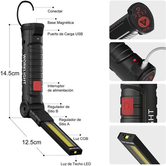 Lampe De Travail LED Rechargeable 2 Pièces - Aimant, Crochet, 7 Modes, Power Bank, IPX6 - 2