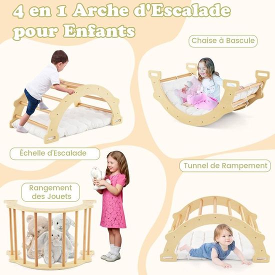 COSTWAY 3 en 1 Arche d'Escalade en Bois Enfant avec Coussin Moelleux, Arche à Bascule pour Grimper ou Se Reposer, Jouet d'arc d'escalade pour Chambre Salle de Jeux, Charge 30KG, 3 Ans