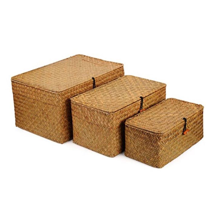 Panier tressé osier avec couvercle, boîte rangement rotin jonc pour linge salle de bain salon - Maison