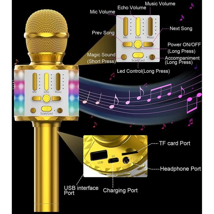 Micros sans Fil Karaoké, Microphone Karaoke Bluetooth avec Lumière Scène,  Portable Haut-Parleur pour Enfants/Adultes Fête Chanter Di