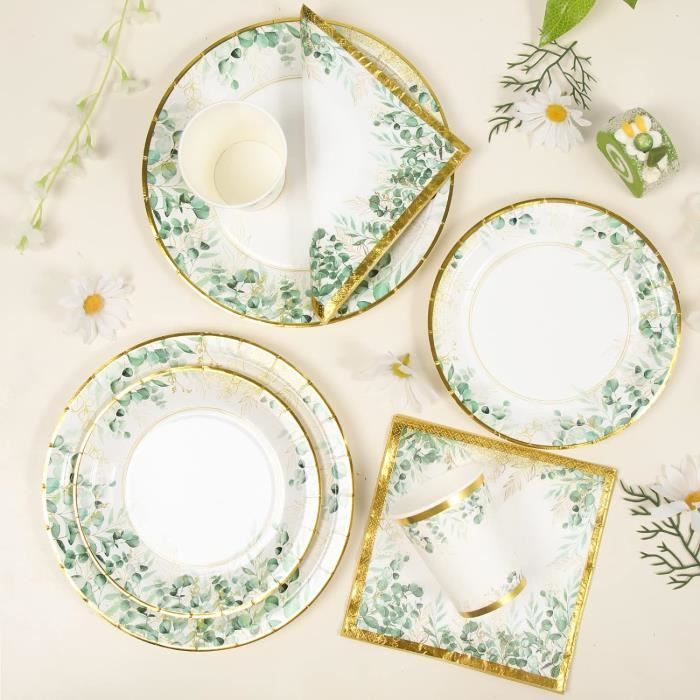 Vaisselle Jetable Vert Et Or - 96 Pièces Pour Fête : Assiettes, Gobelets, Serviettes